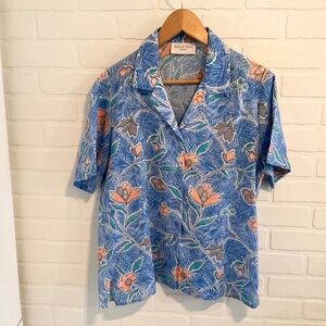 Vintage Button down shirt Floral print Aloha Blue Peach Aqua Sz 12 Petite